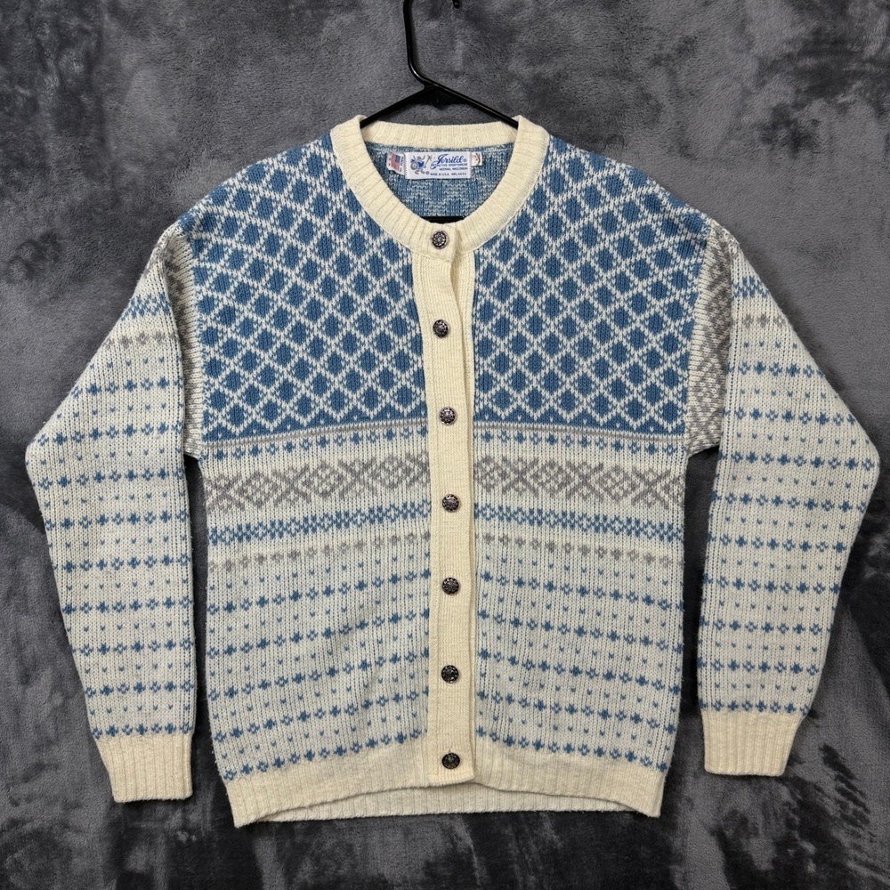 Jersild Cardigan Sweater Women 40 Blue Fair Isle Knit Vintage Made in USA Button